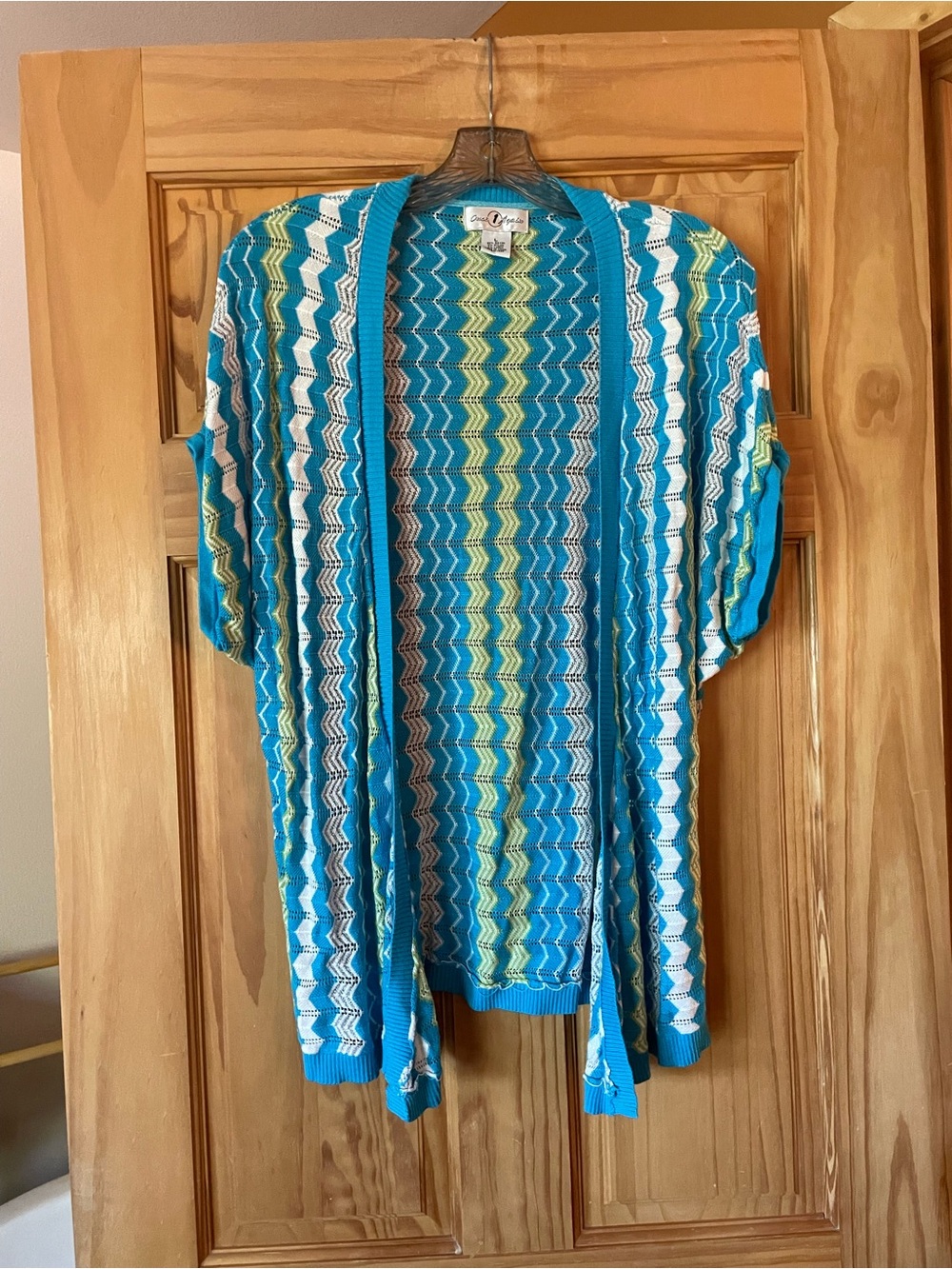 Open-Front Turquoise Zigzag Knit Cardigan
